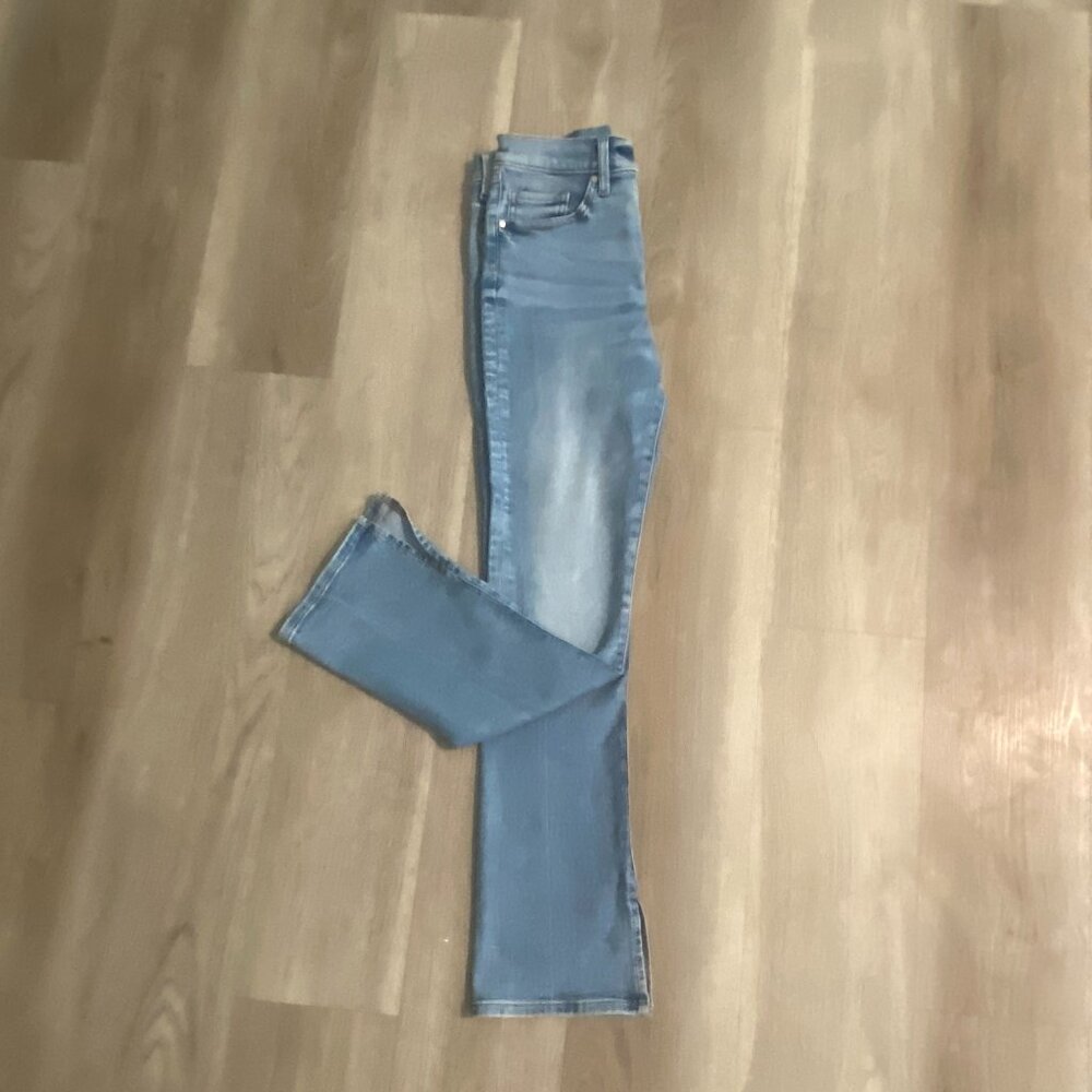 Express Mid Rise Flare Jeans Light Wash Size 4 Short Petite Vent Hem - Picture 5 of 11